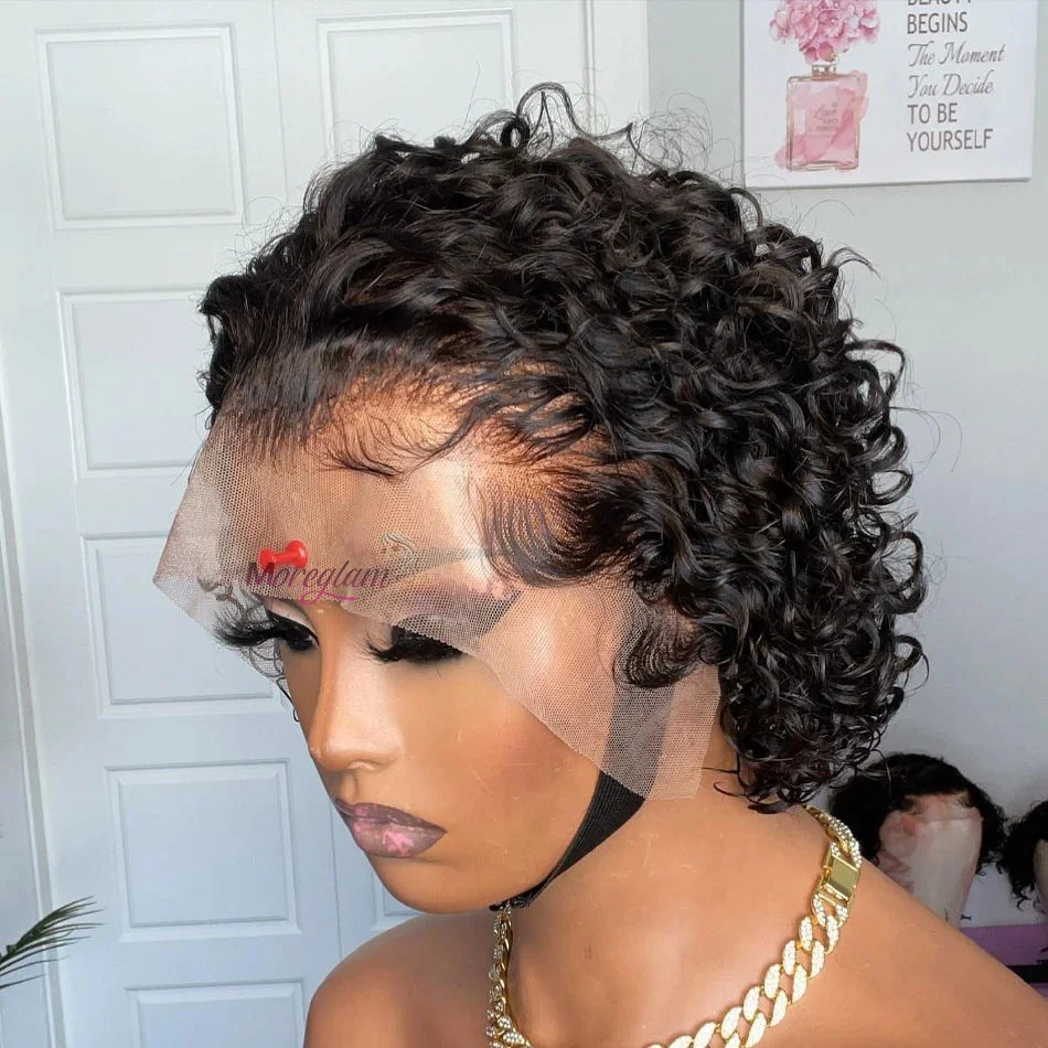 Pixie Cut Wig Short Curly Human Hair Wigs Cheap 180% Density 13X1 Lace Frontal Human Hair Transparent Lace Wig For Black Women