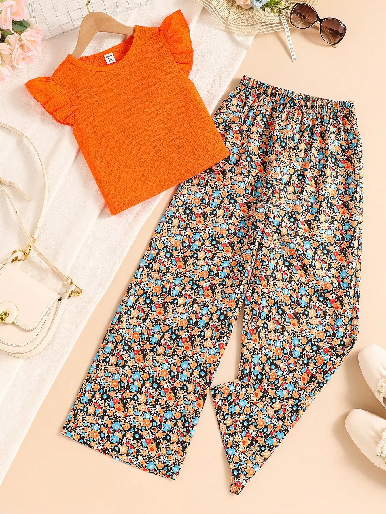 

2pcs/Set Tween GirlsKnitted Textured Round Neck Puff Sleeve Top And Printed Straight Leg Pants Set, Casual Vacati