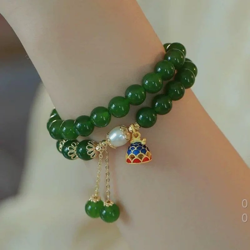 Green chalcedony bracelet, double-layered, with lucky koi fish and pearl beads, for women, enhances complexion, versatile jewelr