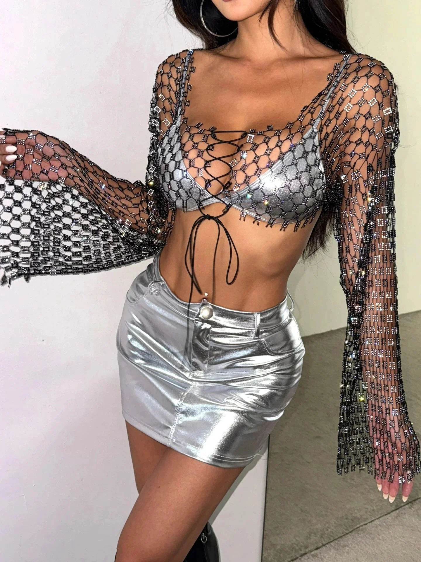 Hot New Women's Sexy Mesh Studded Sequin Long Sleeve Top T-shirt Shiny Rhinestone Fishnet Hollow Out Top Beach Cover Up Party