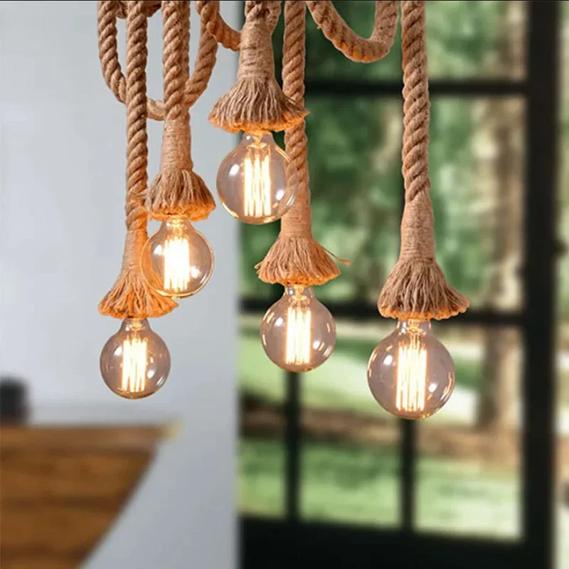 

Vintage Long Hemp Rope Led Pendant Lights, Attic Corridor Light, Artistic Home Decoration Lighting Fixtures Chandelier Lamp