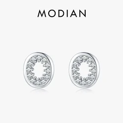 Modian Dazzling Full Paved Clear CZ Stud Earrings For Women 925 Sterling Silver Hollow Oval Wedding Statement Fine Jewelry