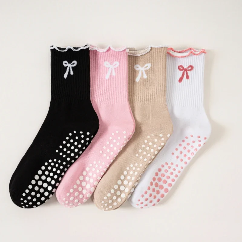 1Pairs of Anti-slip Grip Pilates Socks, Pure Cotton Breathable Yoga Socks, High Elasticity Sweat-absorbing Mid-calf Socks