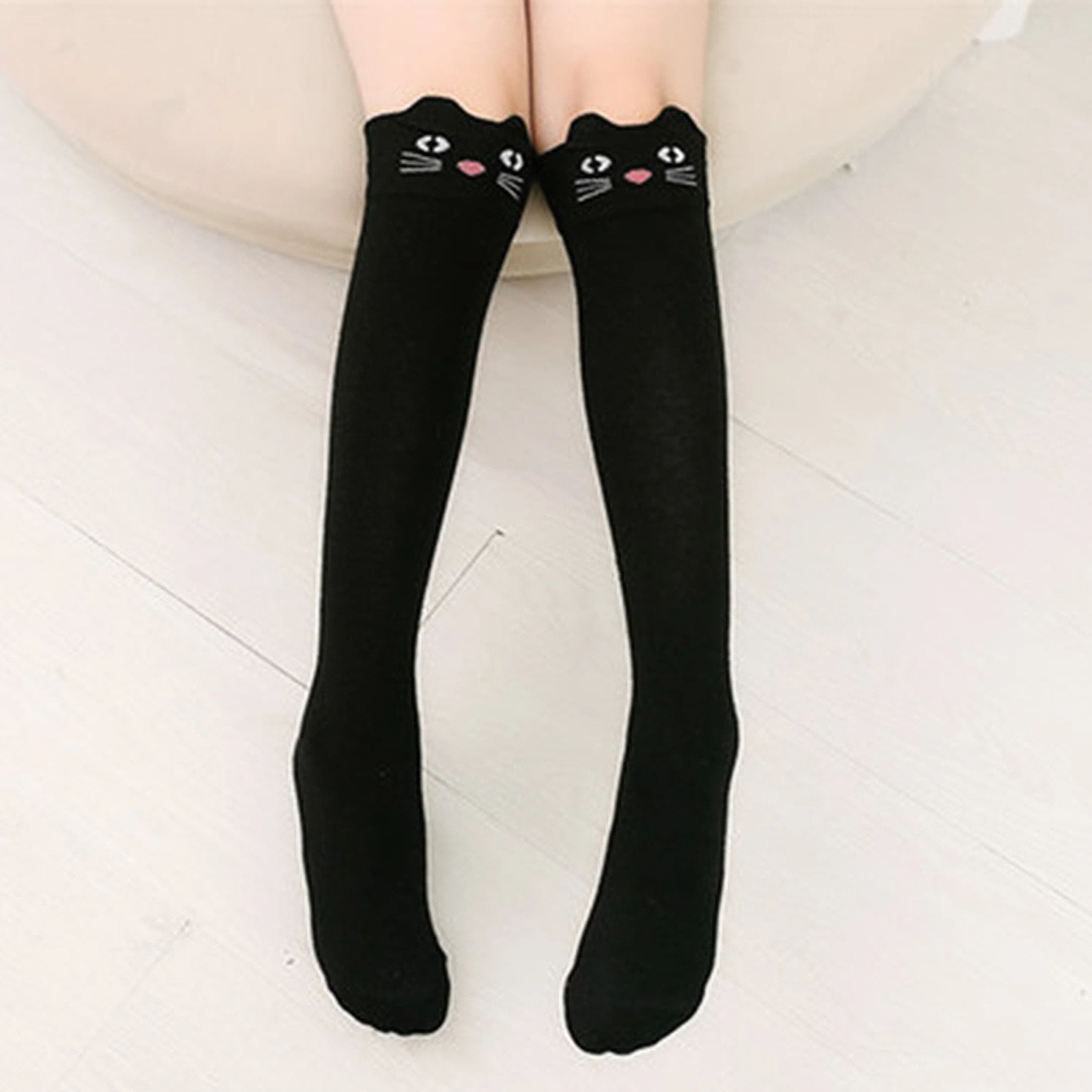 2 Pairs of Cute Little Cat Striped Knee-High Socks for Girls, Soft and Comfortable Over-The-Knee Calf Socks for Casual Daily Life