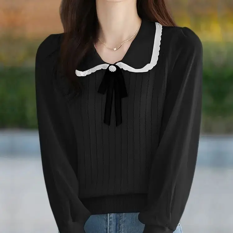 Spring Autumn New Arrival Age-Reducing Ice Silk Knitwear Chic Top Lace Baby Collar Long Sleeve T-ShirtYY147