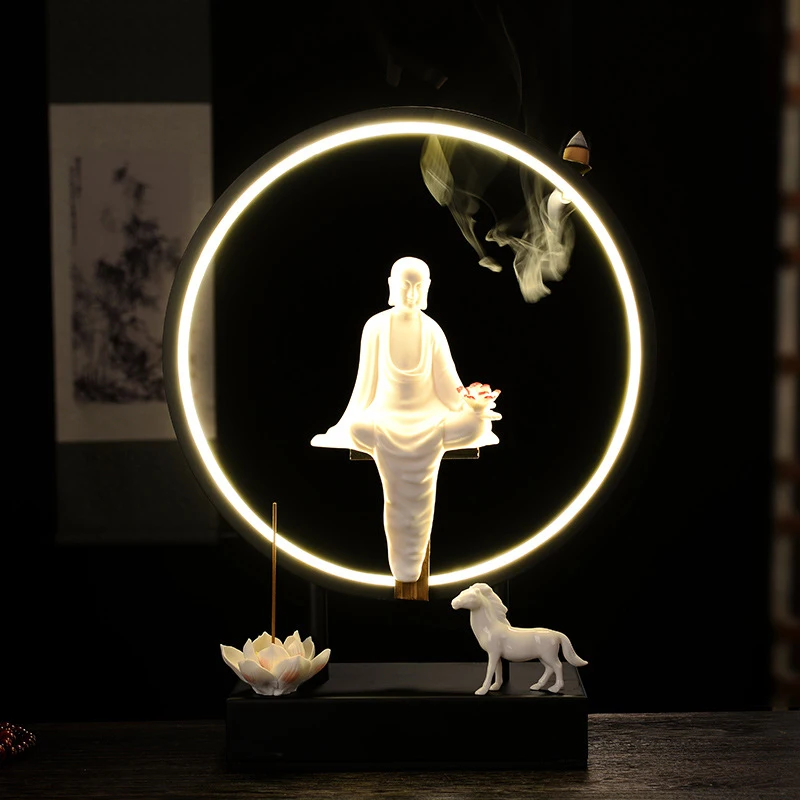 Chinese-Style Backflow Incense Burner With Lamp Ring, Home Indoor Living Decoration, Tea Room Office Zen Ceramic Ornament,