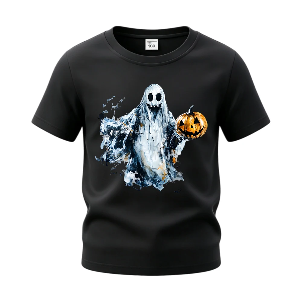 Ghost Holding Pumpkin Basic Daily Cotton Shirts T‑Shirt Short Sleeve Soft Halloween Tops Tees for Boys Girls Children Kids