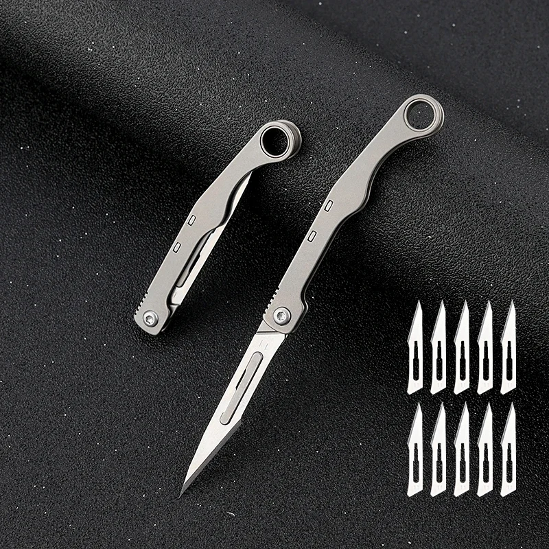 Portability Titanium Alloy Folding Scalpel Medical Folding Knife Outdoor Unpacking Pocket Knife with 10pcs Replaceable Blades