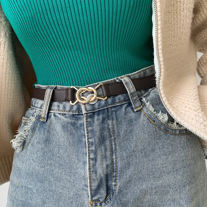 

Genuine Leather Women Skinny Leather Belt for Dress Adjustable Slim Waist Belt Fashion with Gold Buckle for Ladies Jeans Coat