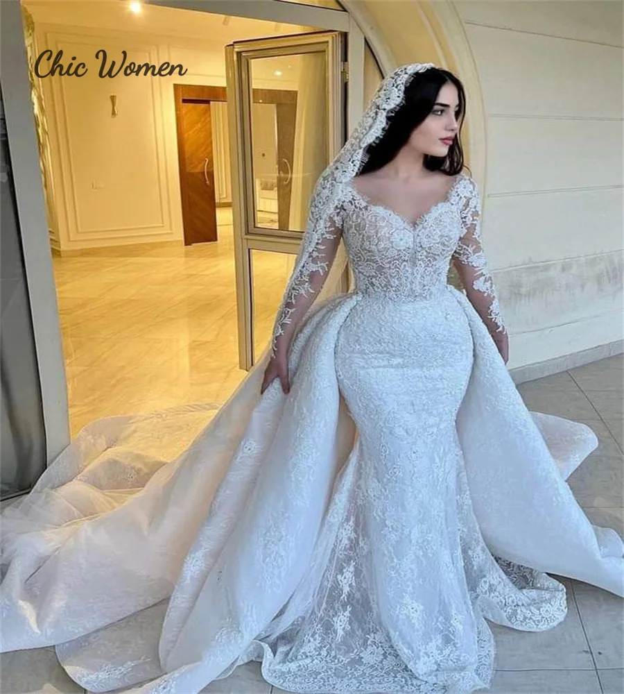 Romantic Mermaid Wedding Dress With Detachable Train Luxury Lace Long Sleeve Two In One Bride Dress Convertible Church Bridal