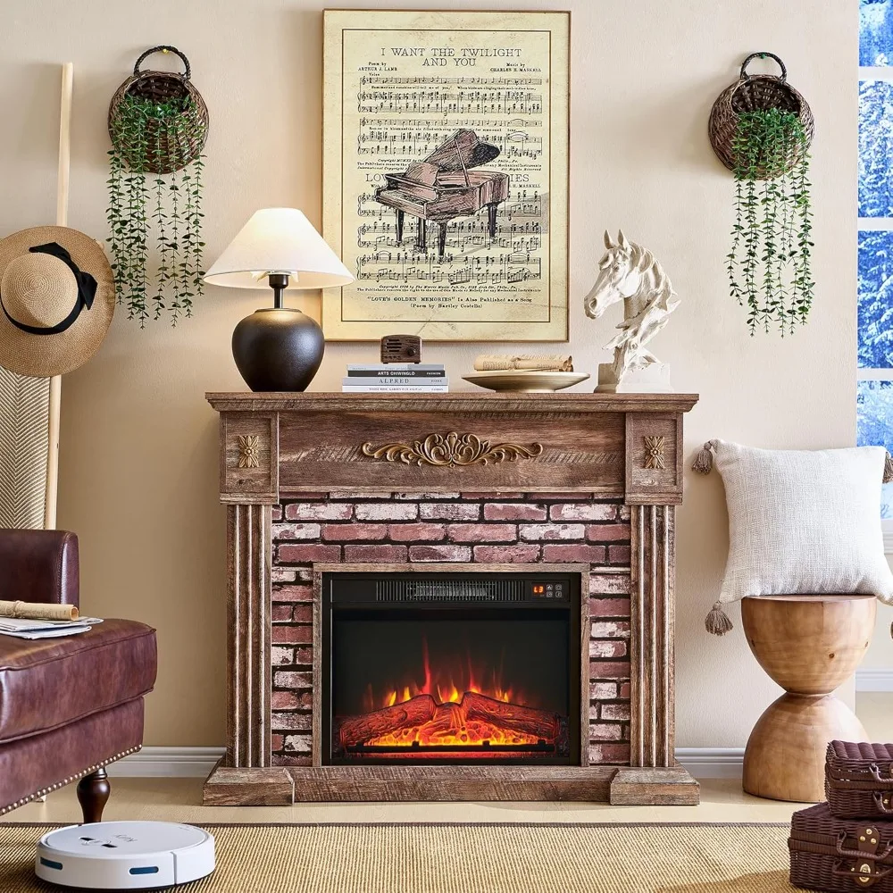 Electric Fireplace with Mantel, Electric Fireplace Heater, TV Stand w/Freestanding Electric Fireplace, Stacked Stone Surround