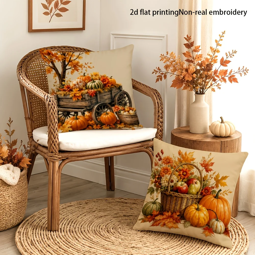 4Pcs Double‑Sided Autumn Farmhouse Pillow Covers, Maple Pumpkin Berry Print Zipper Cushion Cases, Machine Washable