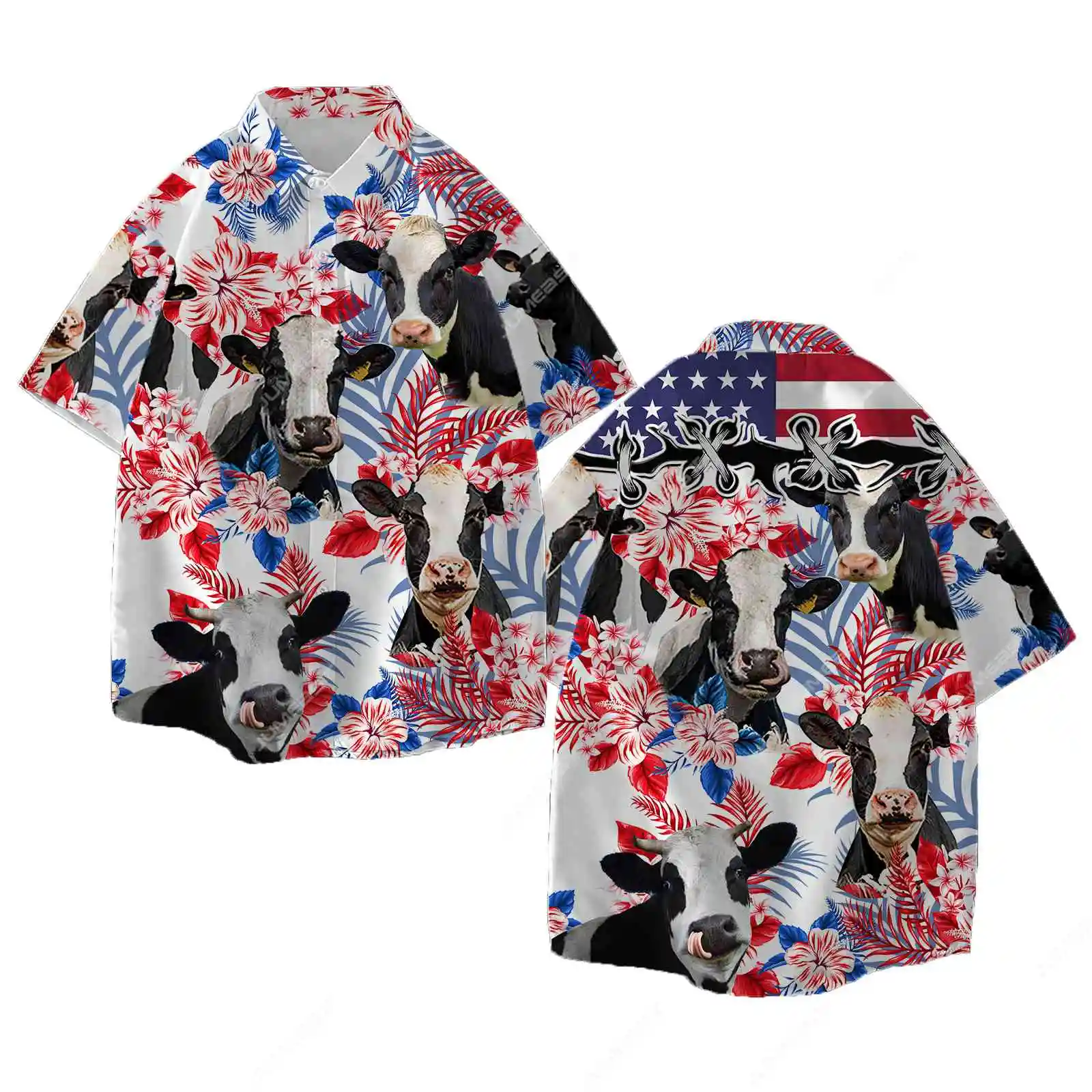 Jumeast Black Angus Cattle Lovers American Flag Men Hawaiian Shirt Oversize Farm Cow Beach Aloha Shirty Blouse Youth YK2 Clothes