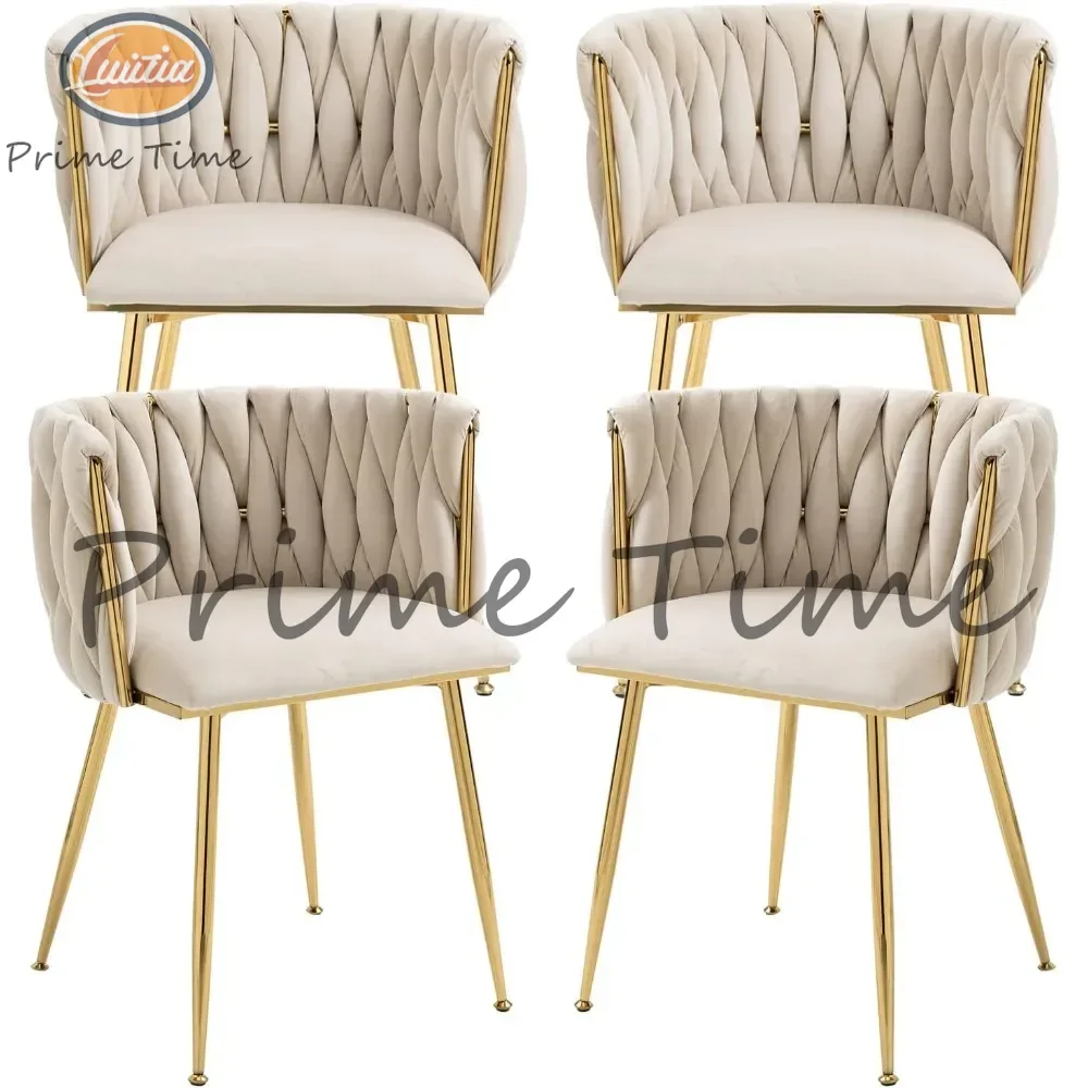 Velvet Dining Chairs Set of 4, Woven Upholstered Dining Chairs with Gold Metal Legs, Modern Accent Chairs for Living Room