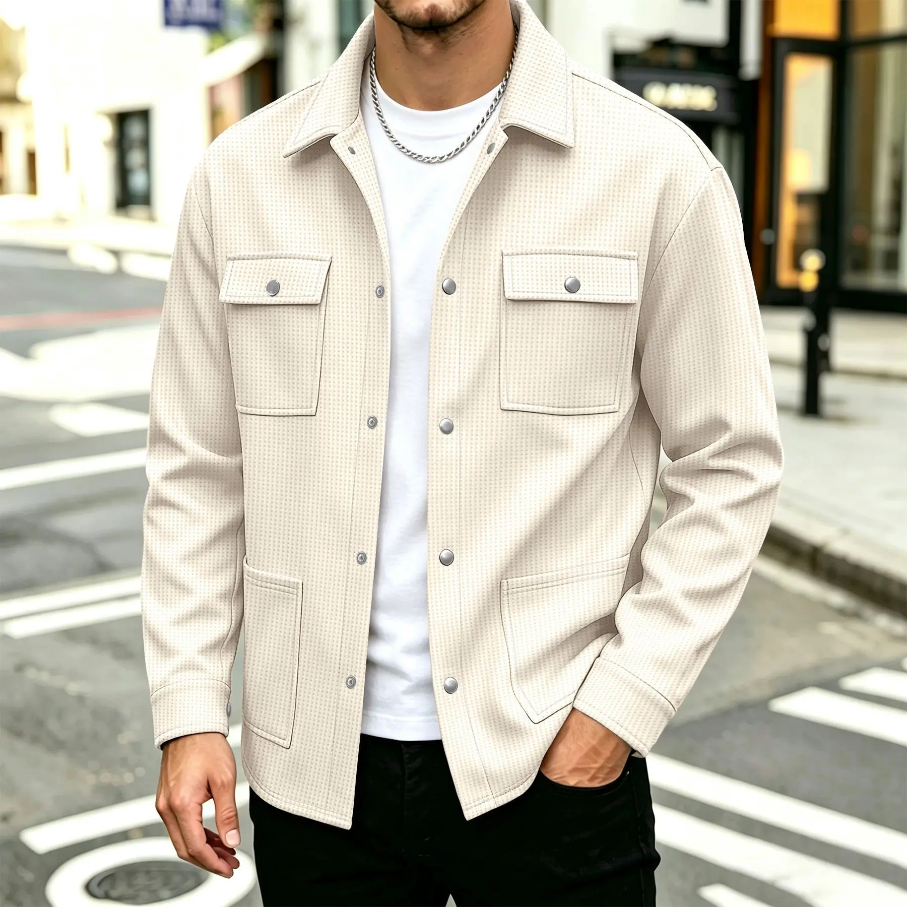 Men Waffle Texture Lapel Shacket Multi Pocket Snap Button Casual Loose Shirt Jacket Spring Autumn Male Solid Outerwear