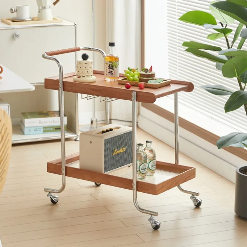 

Medieval light solid wood trolley shelf Internet celebrity living room sofa cherry wood color removable storage side coffee tabl