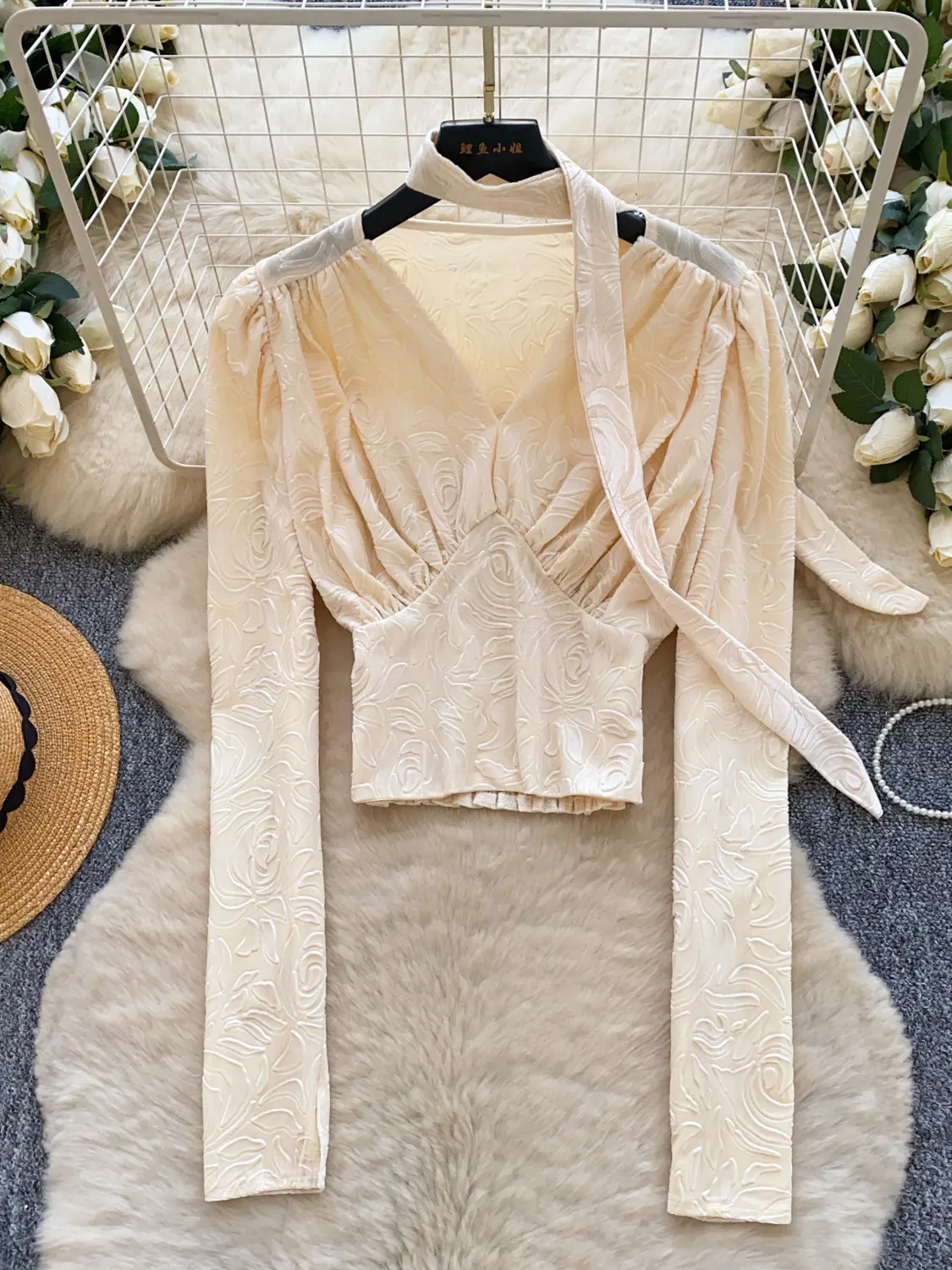 

2026 New Spring Women French Vintage V-neck Long Sleeve Shirt Pleated Design High Waist Solid Color Short Shirt Tops