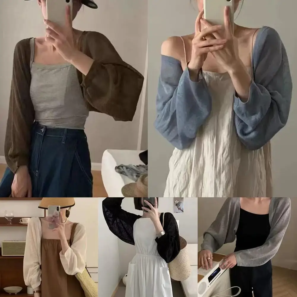 Summer-autumn Sunblock Knit Cardigan Sunblock Ruffled Design Casual Polyester Long Sleeve Short Ice Silk Shawl With Smock