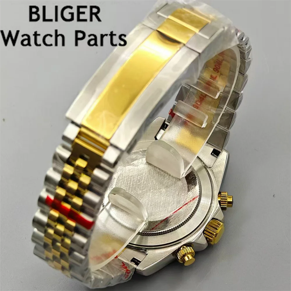 BLIGER 39mm VK64 Quartz Chronograph Watch Sapphire Glass Stanless Steel Strap Black Gold Bezel Green Luminous Waterproof