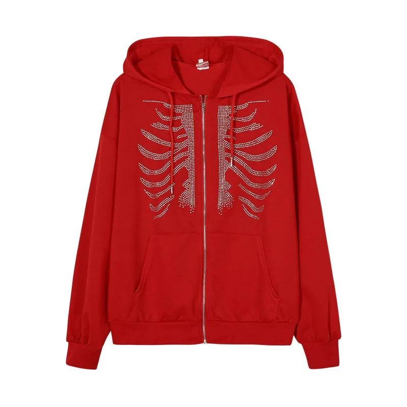 Sudadera Y2K con Capucha y Calavera de Cristal para Mujer, Negra, Gótica, Oversize, Cremallera, Retro Harajuku, Streetwear 5