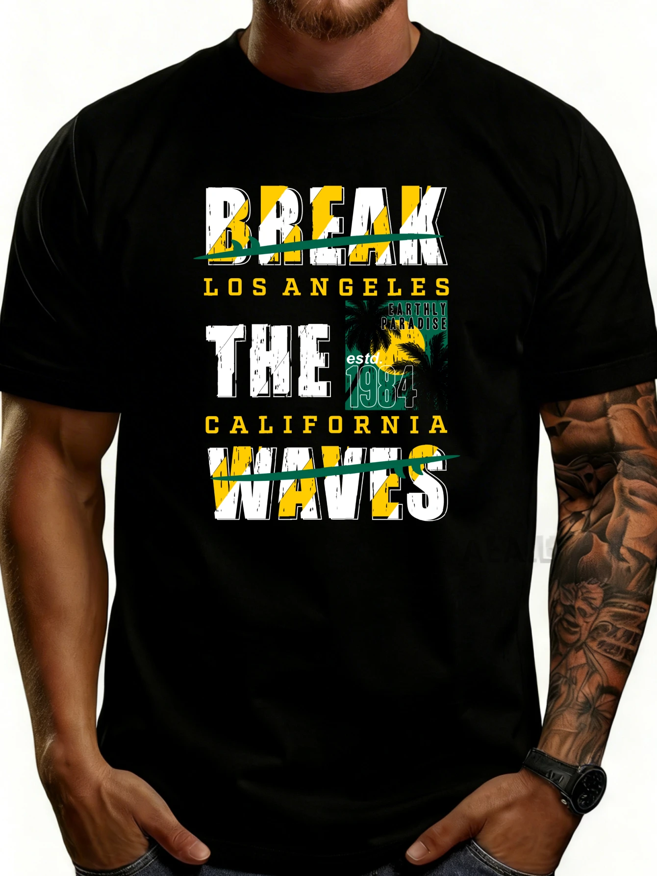 Casual Street Style Men's T-Shirt, Surfing Theme, Los Angeles, California, Summer Beach Wear, Gift for Surfers and Adventure Enthusiasts