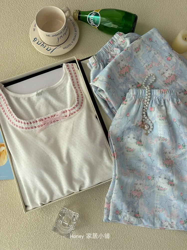 2025 summer new sweet sister short-sleeved pajamas cartoon cute cat woven cotton casual loose loungewear three-piece set