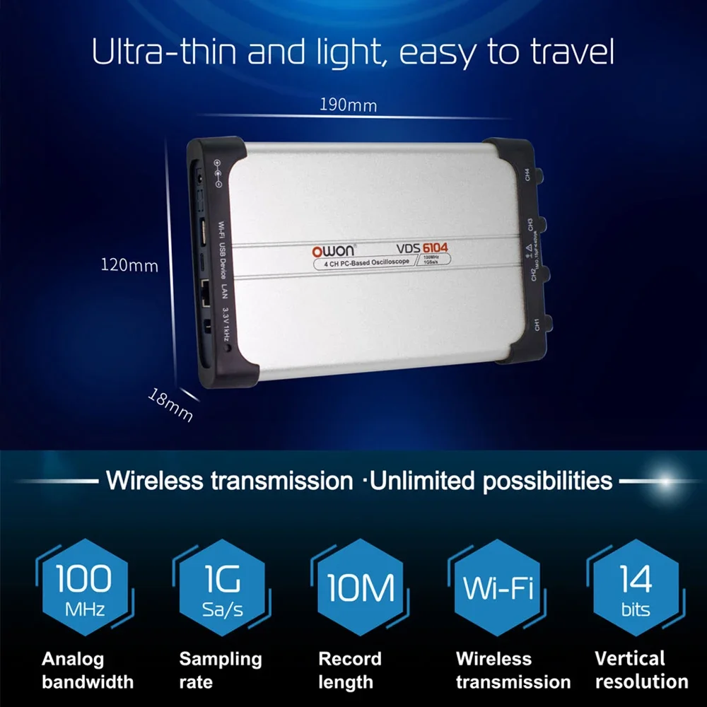 OWON VDS6074/VDS6104 Digital Oscilloscopes 4CH 70MHz/100Mhz 8Bits/14Bits Handheld Portable USB Oscillosco 10M Redcord Length