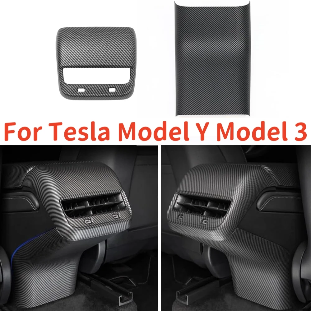 

For Tesla Model Y 2019-2024 Model 3 2017-2023 Rear Air Condition Vent Cover & Rear AC Anti Kick Cover Trim, ABS Carbon Fiber