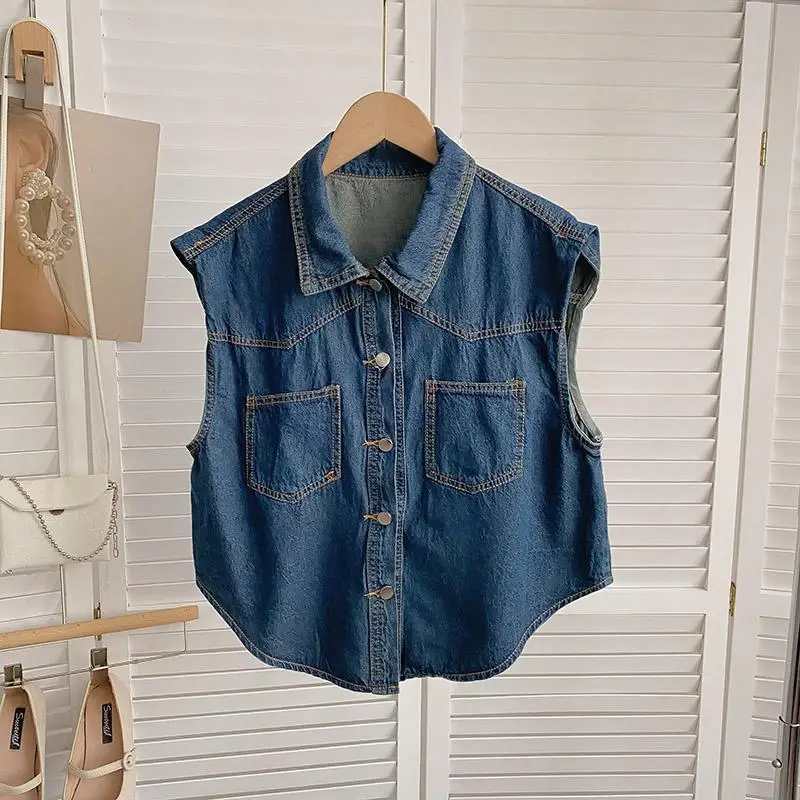 Irregular Lapel Single Breasted Blue Denim Vest Women Instagram Summer Korean Versatile Outerwear Slimming Top Ins Clothes