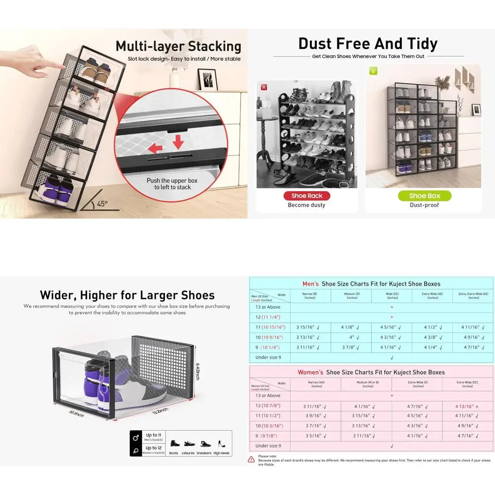 

12-Pack Clear Stackable Shoe Boxes, Large Size, Plastic Storage Organizers for Shoes, Sneakers, and Toys - Ideal for Closets, En