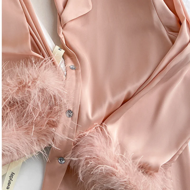 2024 New Autumn Luxury Women Feather Pajamas Set Soft Satin Silk Button Sleepwear Casual 2 Pieces Suit Breathable Loungewear