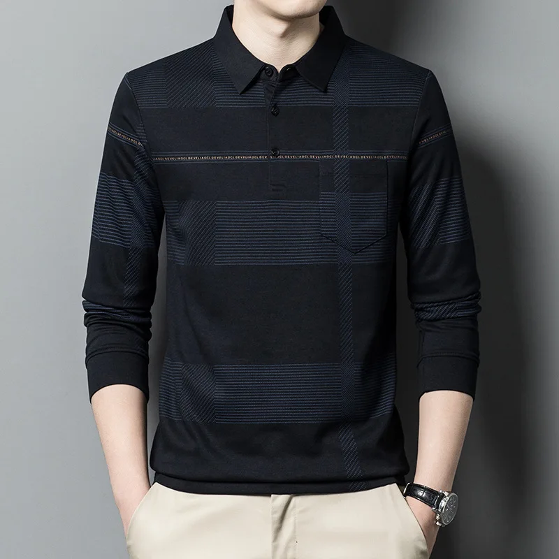 Men's Casual Long-sleeved Striped Printed Lapel Polo Shirt Dad Style Fashionable Printed Pockets