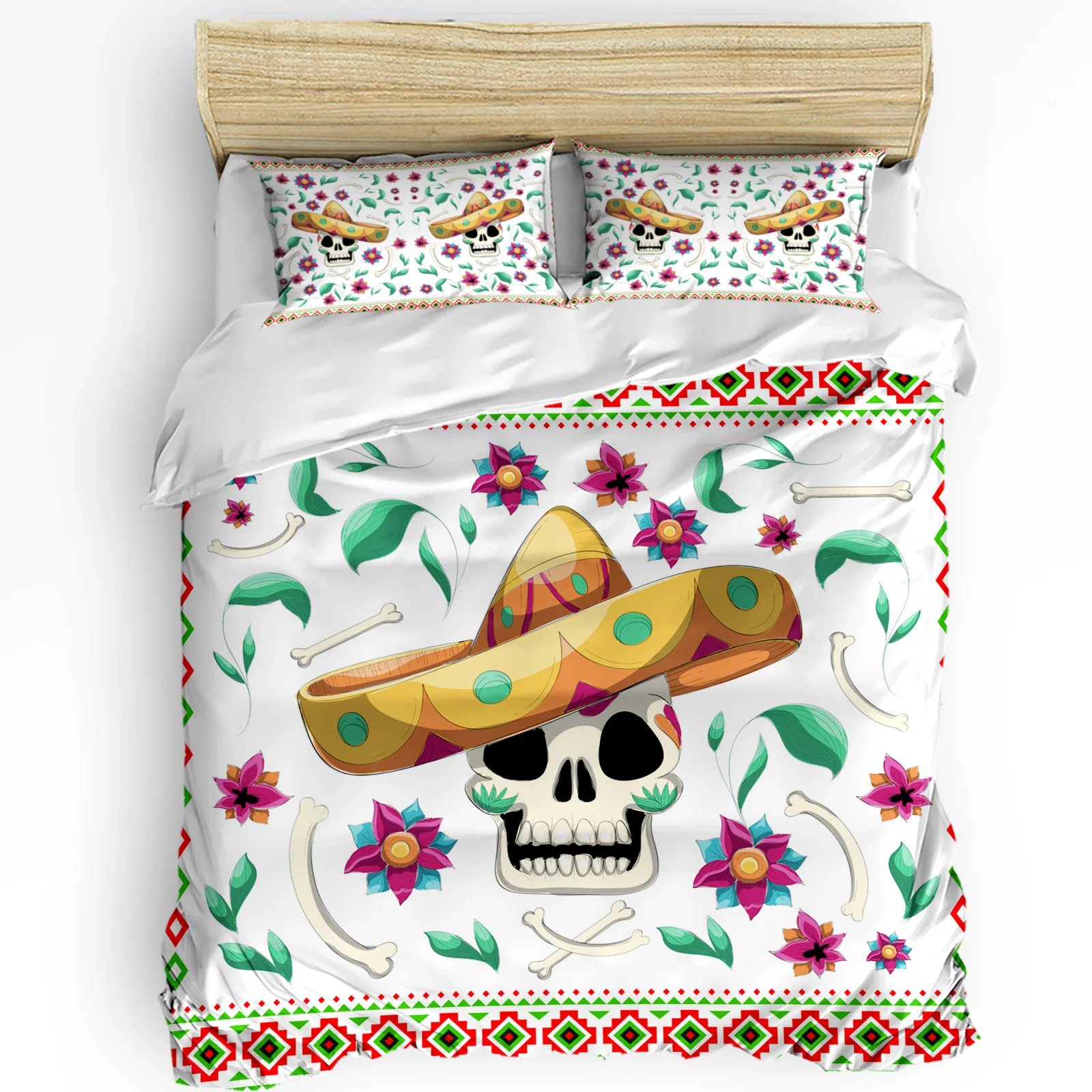 

Mexico Skull Straw Hat Flower White Duvet Cover with Pillow Case Custom 3pcs Bedding Set Quilt Cover Double Bed Home Textile