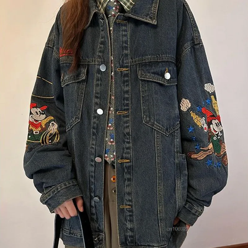 Disney Mickey Mouse American Style Vintage Denim Coat Cute Embroidered Casual Cowboy Coat Women's Autumn Loose Trendy Jacket Top