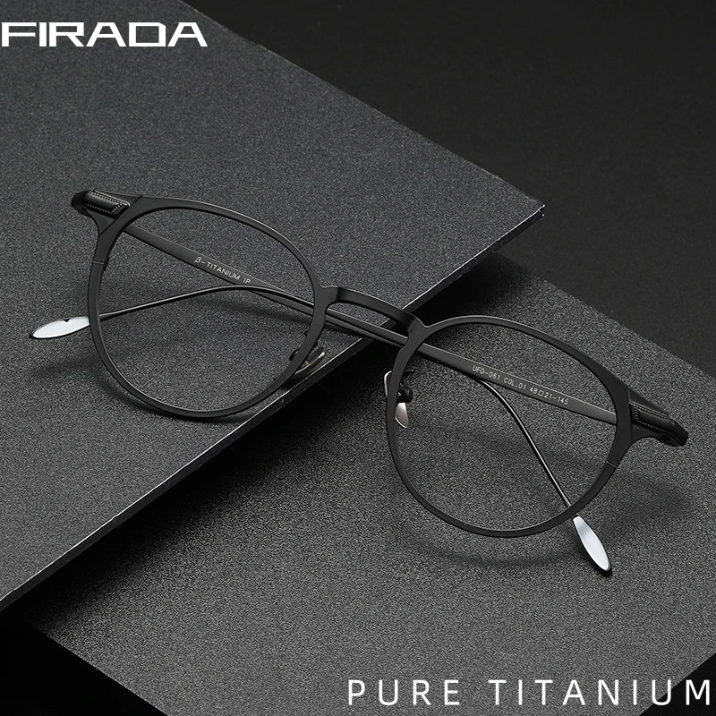 FIRADA Fashion Comfortable Eyeglasses Retro Pure Titanium Round Eyewear Luxury Prescription Glasses Frame For Men Women UF0061-C