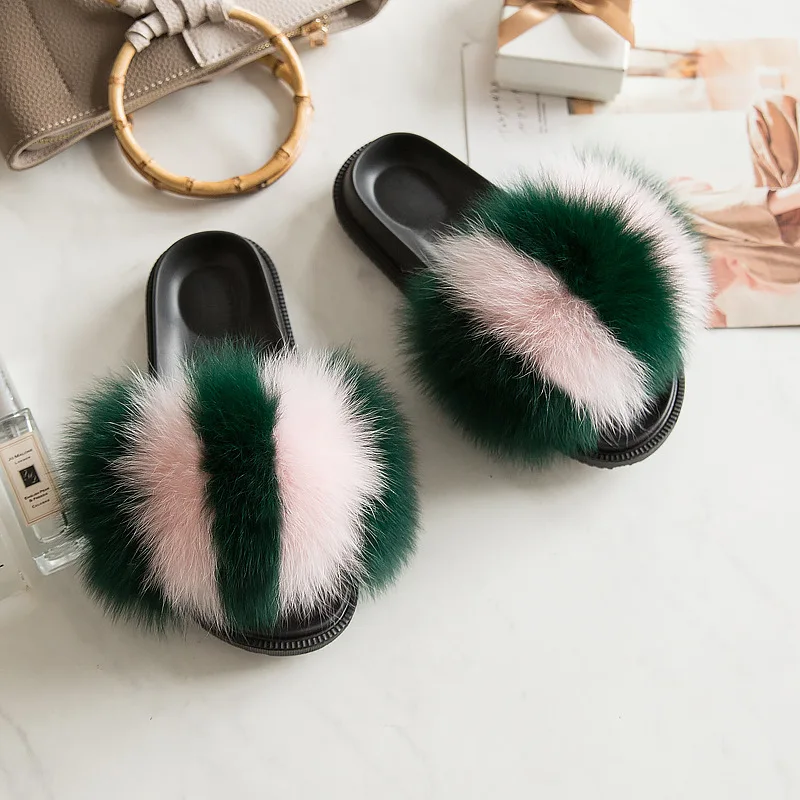 Women Summer Casual Raccoon Fur Slides House Home Fluffy Slippers Comfort Furry Flats Sweet Ladies Beach Shoes Outdoor Sandals