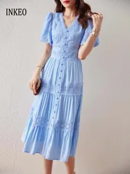 Short puff sleeve dresses Women 2025 Summer Solid V-neck Lace embroidery dress Patchwork Elegant 4D068