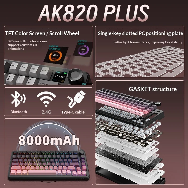 Ajazz AK820 Max 3 Modes Mechanical Keyboard Wireless Bluetooth Wired RGB Hot Swap PBT Keycap Gaming Keyboard