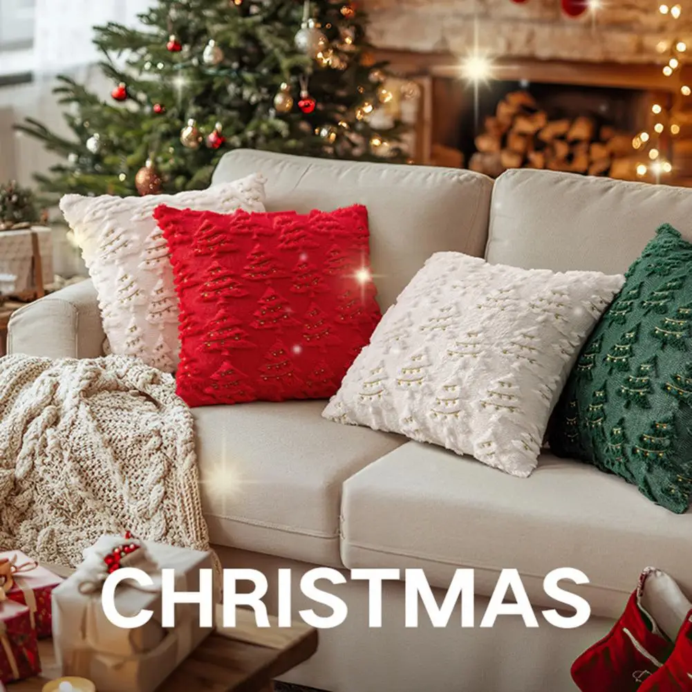 Funda de almohada decorativa de invierno, funda de almohada festiva de árbol de Navidad para decoración del hogar, funda de almohada de felpa corta suave para habitación