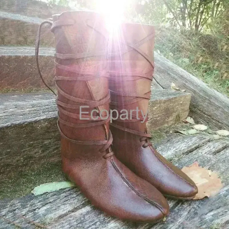 Costume gothique Steampunk médiéval pour hommes, bottes de chevalier Viking en cuir PU guerrier pour femmes, bottes de Cosplay, chaussures de fête de carnaval, accessoire @ #   ￥%