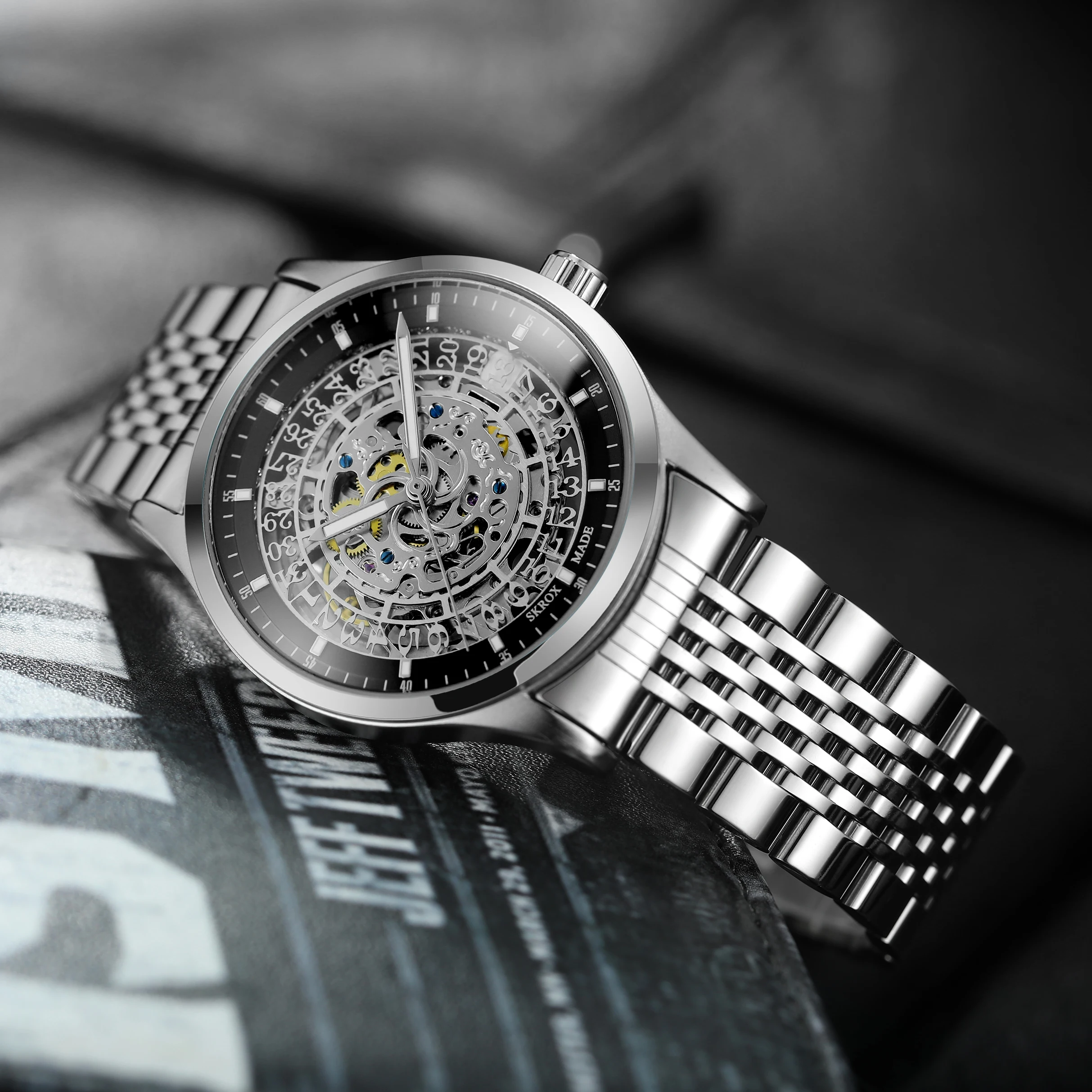 

SKROX заводские оригинальные дизайнерские роскошные мужские часы из нержавеющей стали скелетон автоматический механизм механический водонепроницаемый календарь мужской