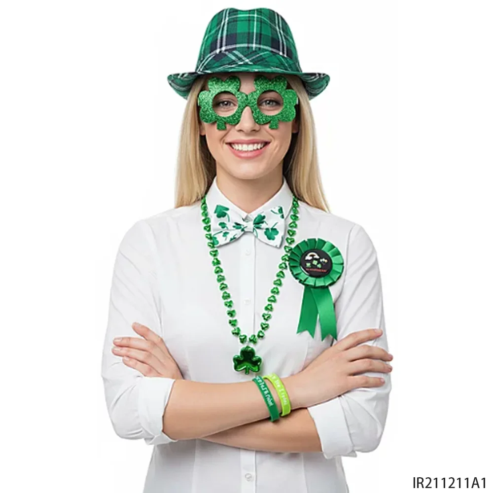 Accesorios del Día de San Patricio: gorros blandos, corbatas, collares de gafas, insignias, patrones de pegatinas, etc., aptos para trajes de fiesta.
