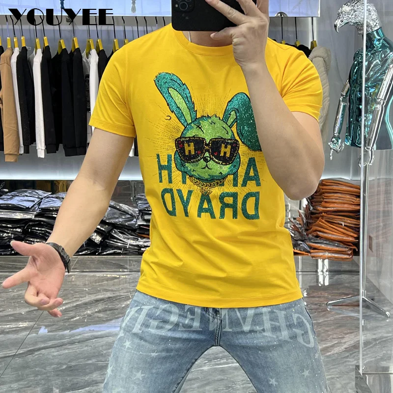 Short Sleeved T-shirt Men's Fashion Brand Male Tees 2023 Summer New Slim Casual Round Neck Tops Rabbit Hot Diamond Men Clothing