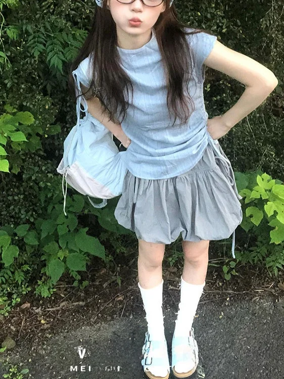 

Retro Chic Summer Dstring oulder Drop Pleated Slimming Svel Blue Striped Top for Small Figures Trendy Streetwear