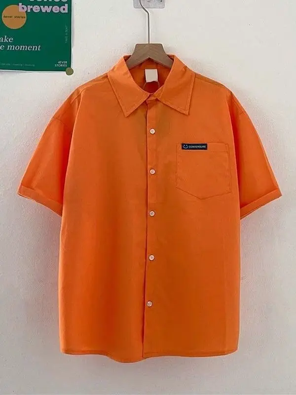 

Оранжевая летняя тонкая рубашка с коротким рукавом в американском стиле, женская рубашка с коротким рукавом в корейском стиле, летняя универсальная рабочая одежда Dopaamine для мужчин