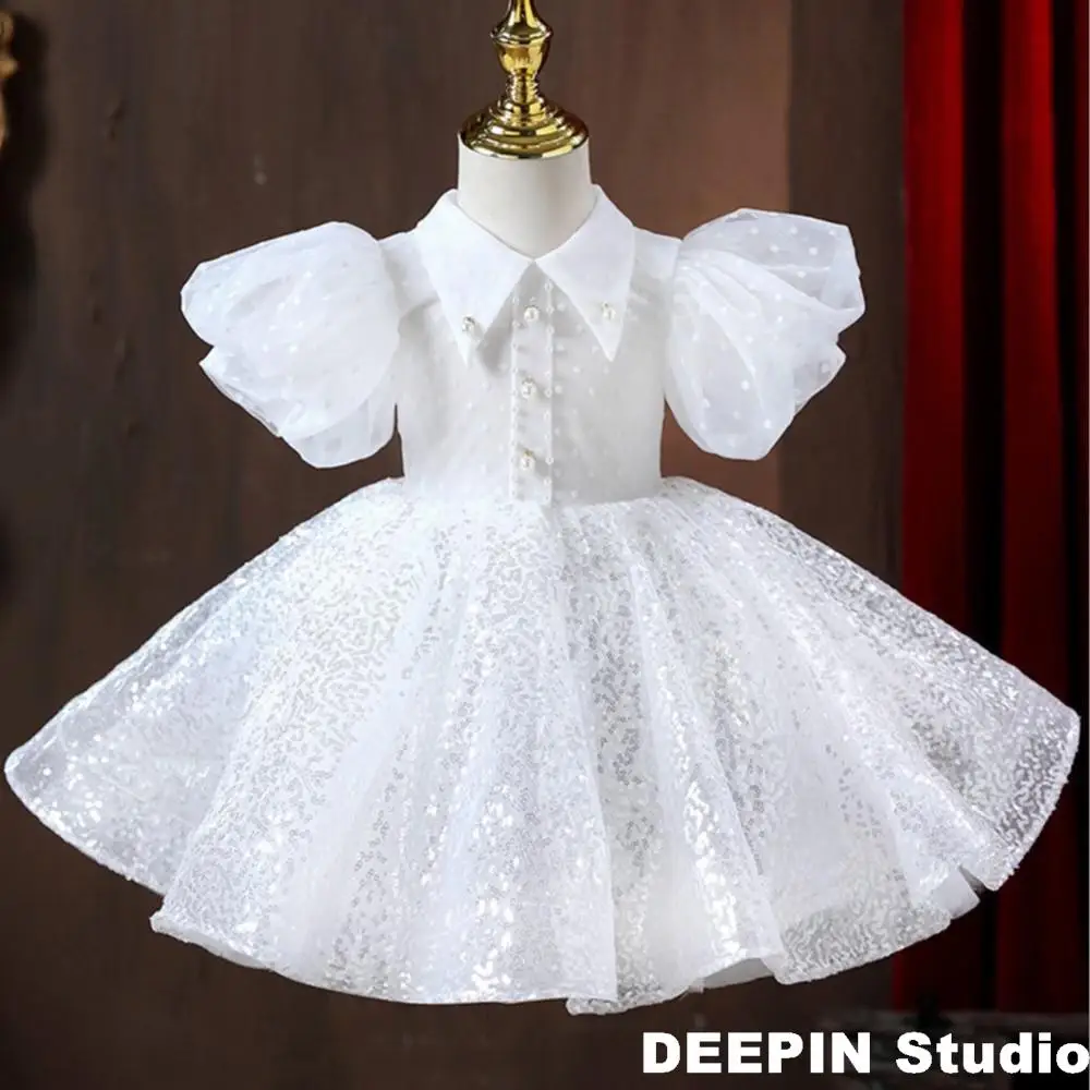 

Girls Mesh Sequin Dress 2024 Spring & Summer New Children's Girls Embroidered Mesh Tutu Dress Performance Lantern Sleeve Dresses