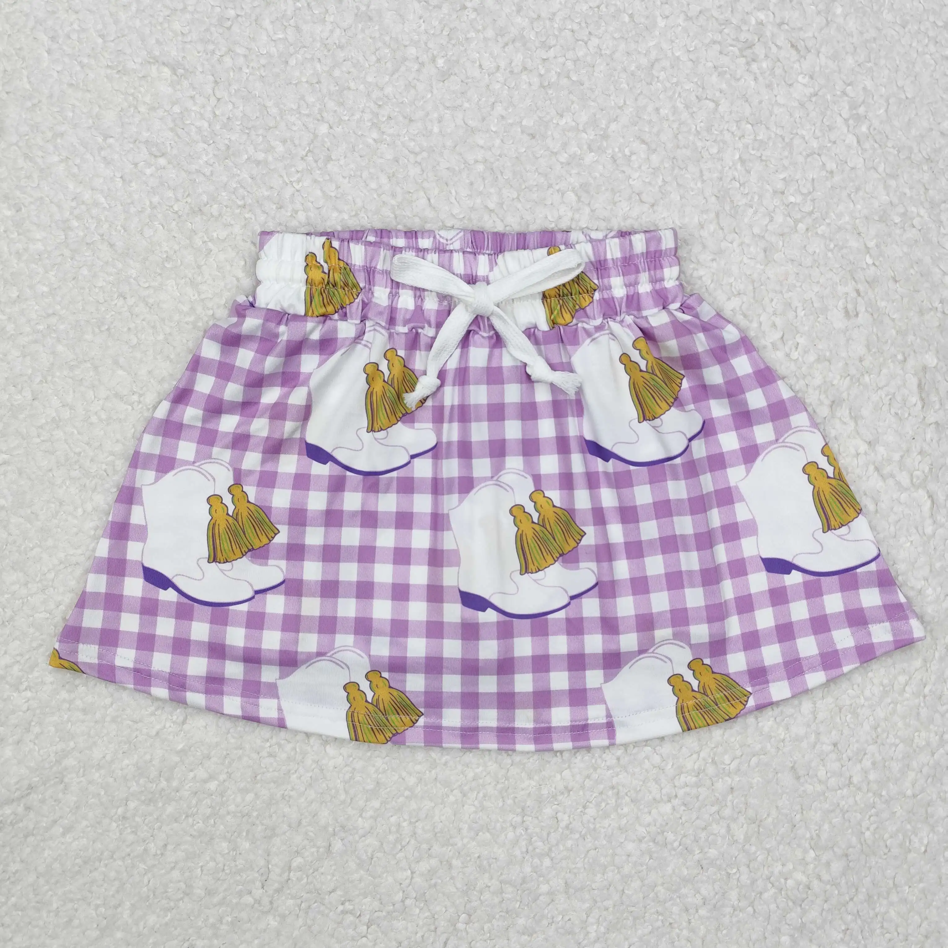 Wholesale kids hot sale western boutique clothes  Baby Girls Mardi Gras Checkered Boots Skort Skirts