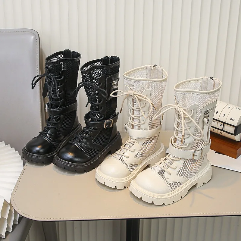 

Summer Children Casual Shoes Girls Mesh Cutout Boots Kids High-top Princess Boots Soft Sole Non Slip Student Shoes Size 26-36