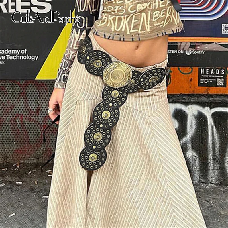 

Cuteandpsycho Y2K Chic Vintage Women's Belts Exaggerated Round Hollow Out Metal Wide Belt 90s Aesthetic Cute Grunge Accessories