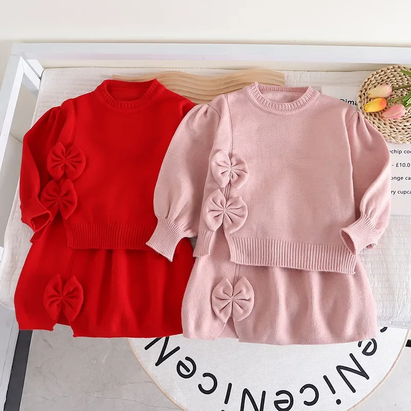 Children\'s Clothing Sets Bow Pullover Long Sleeve Top + Hip Skirt Winter Baby Girl Clothes Knit Sweater Toddler Cardigan Korean